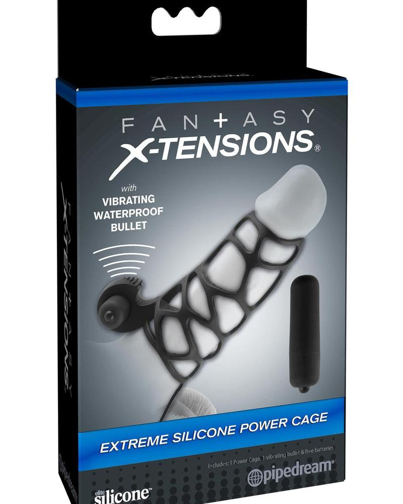 Jaula para pene con vibración extrema de silicona Fantasy Xtensions, color negro