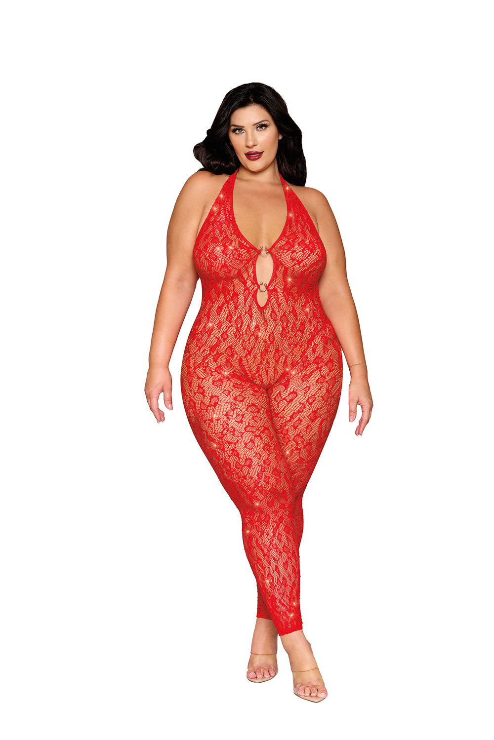 "Rhinestone Bodystocking Dmnd - Queen Size - Poinsettia DG-0517XRDQS"