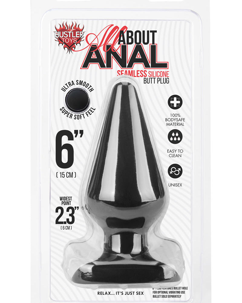 Tapón anal de silicona sin costuras Hustler All About Anal de 6 pulgadas, color negro