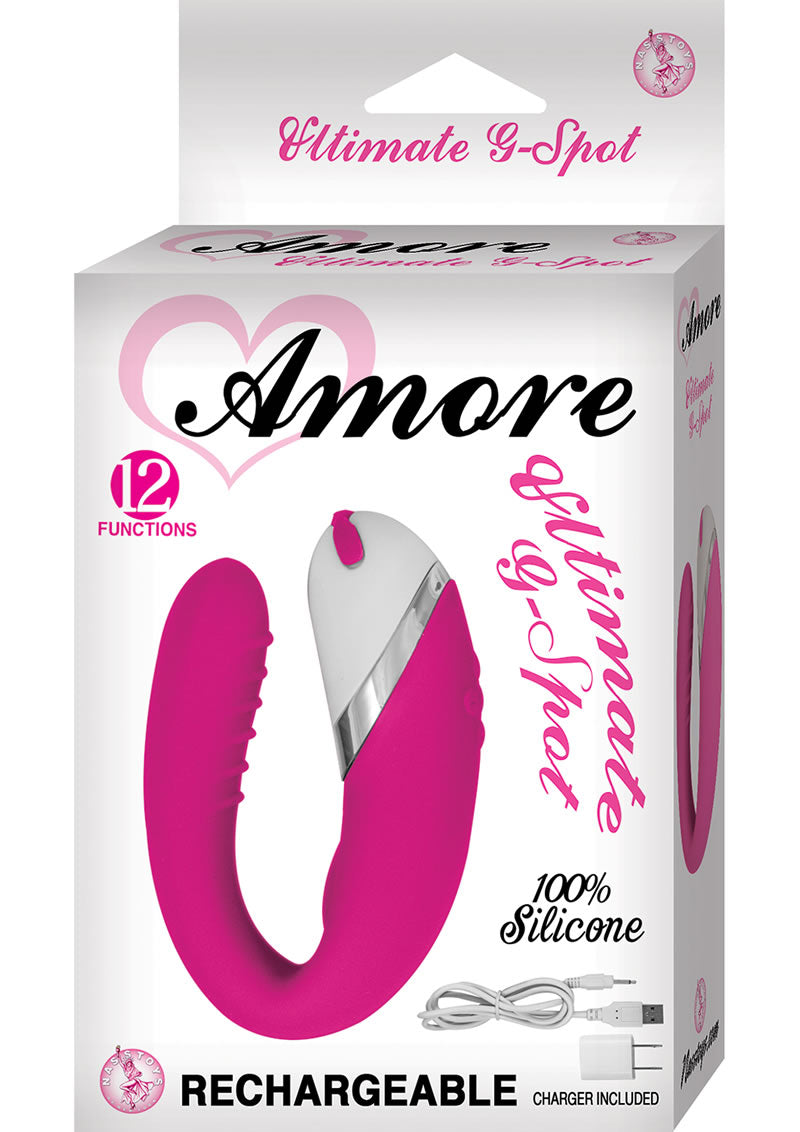 Amore Ultimate G Spot Masajeador de silicona recargable, resistente al agua, color rosa, 4,1 pulgadas