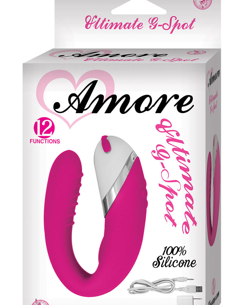 Amore Ultimate G Spot Masajeador de silicona recargable, resistente al agua, color rosa, 4,1 pulgadas