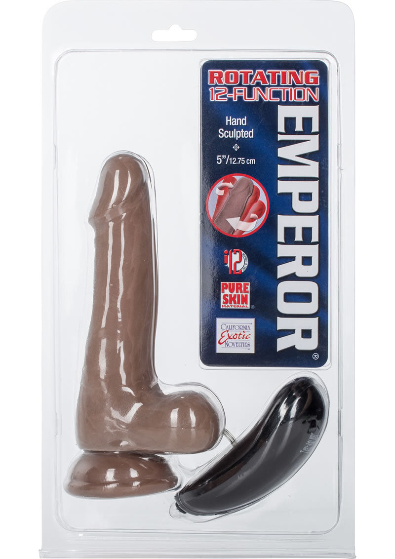 Emperor Pure Skin Rotating 12 Function Dong With Wired Remote Control Brown 5 Inch
