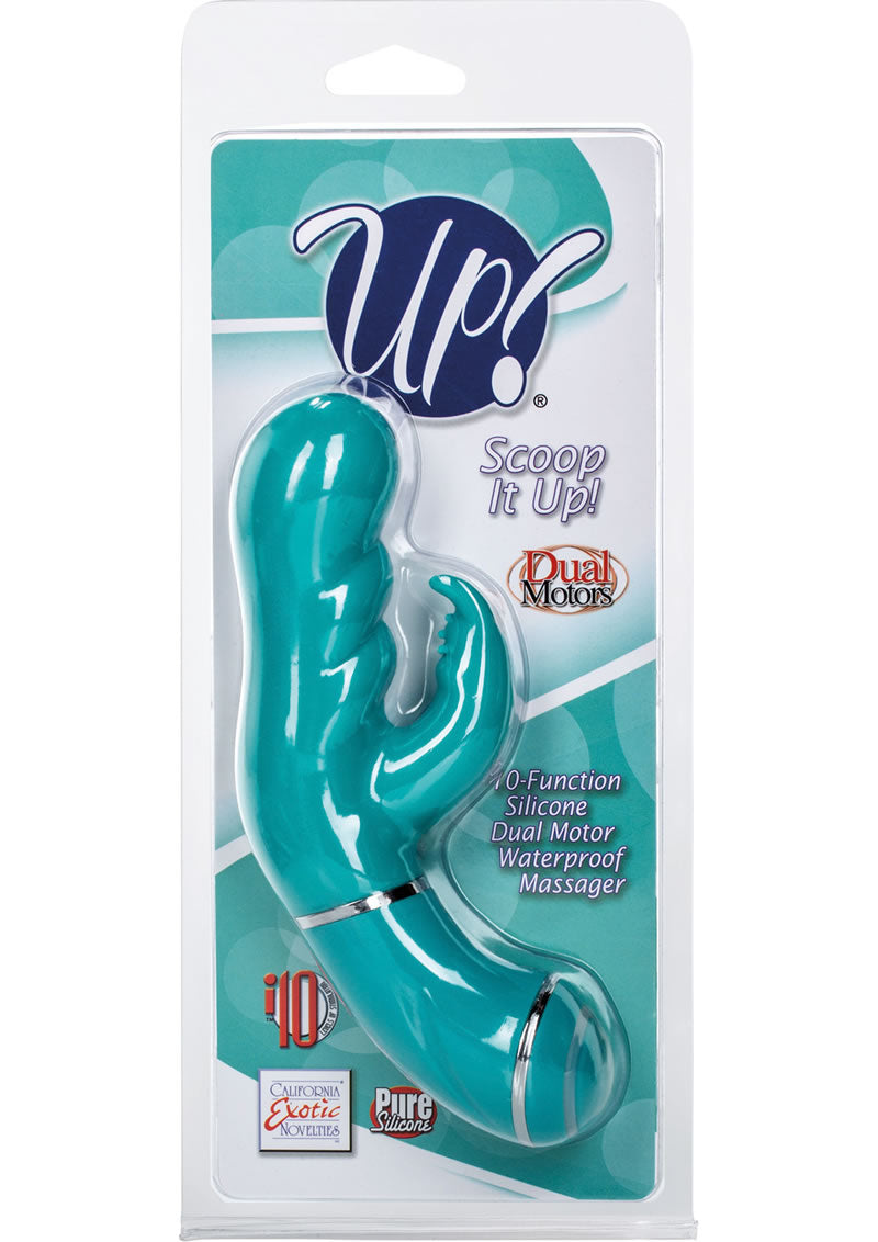 Masajeador de silicona de doble motor Up Scoop It Up, resistente al agua, color verde azulado, con inserto de 3 pulgadas