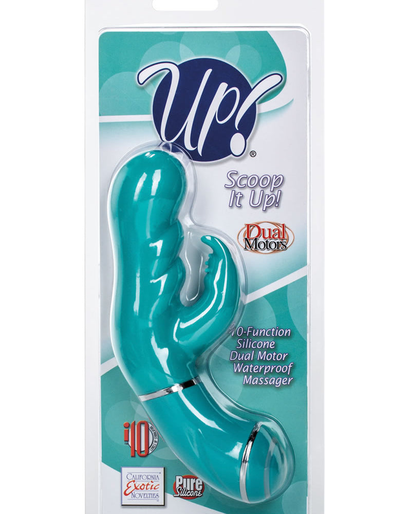 Masajeador de silicona de doble motor Up Scoop It Up, resistente al agua, color verde azulado, con inserto de 3 pulgadas