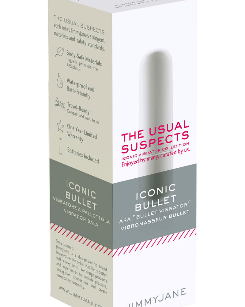 Vibrador bala icónico JimmyJane The Usual Suspects resistente al agua en color blanco