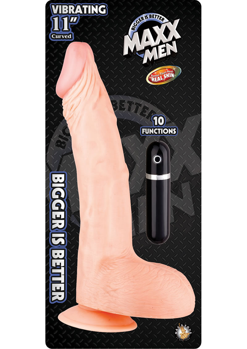 Pene vibrador curvo Maxx Men resistente al agua de 11 pulgadas en color carne