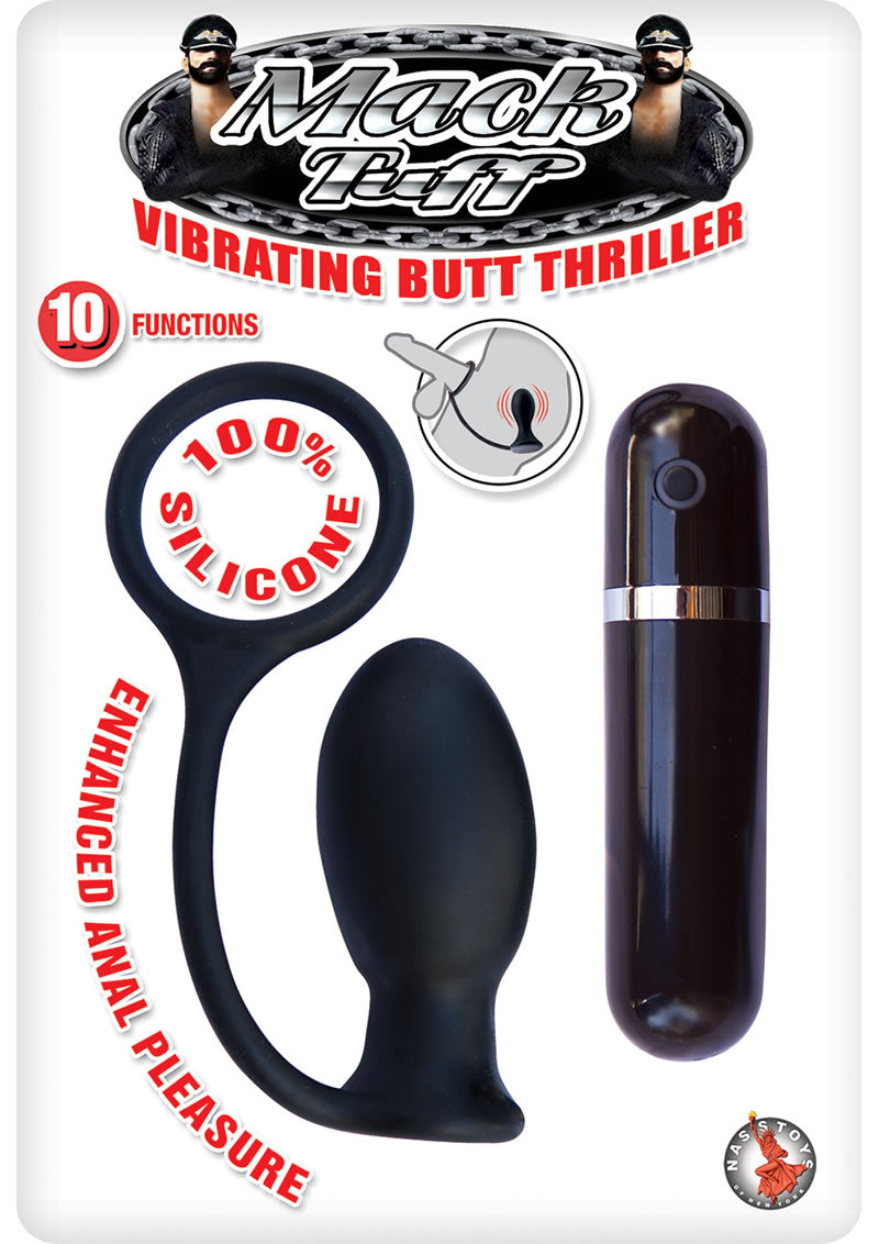 Tapón anal de silicona con anillo para el pene y control remoto inalámbrico Mach Tuff Vibrating Butt Thriller, color negro, 3,3 pulgadas