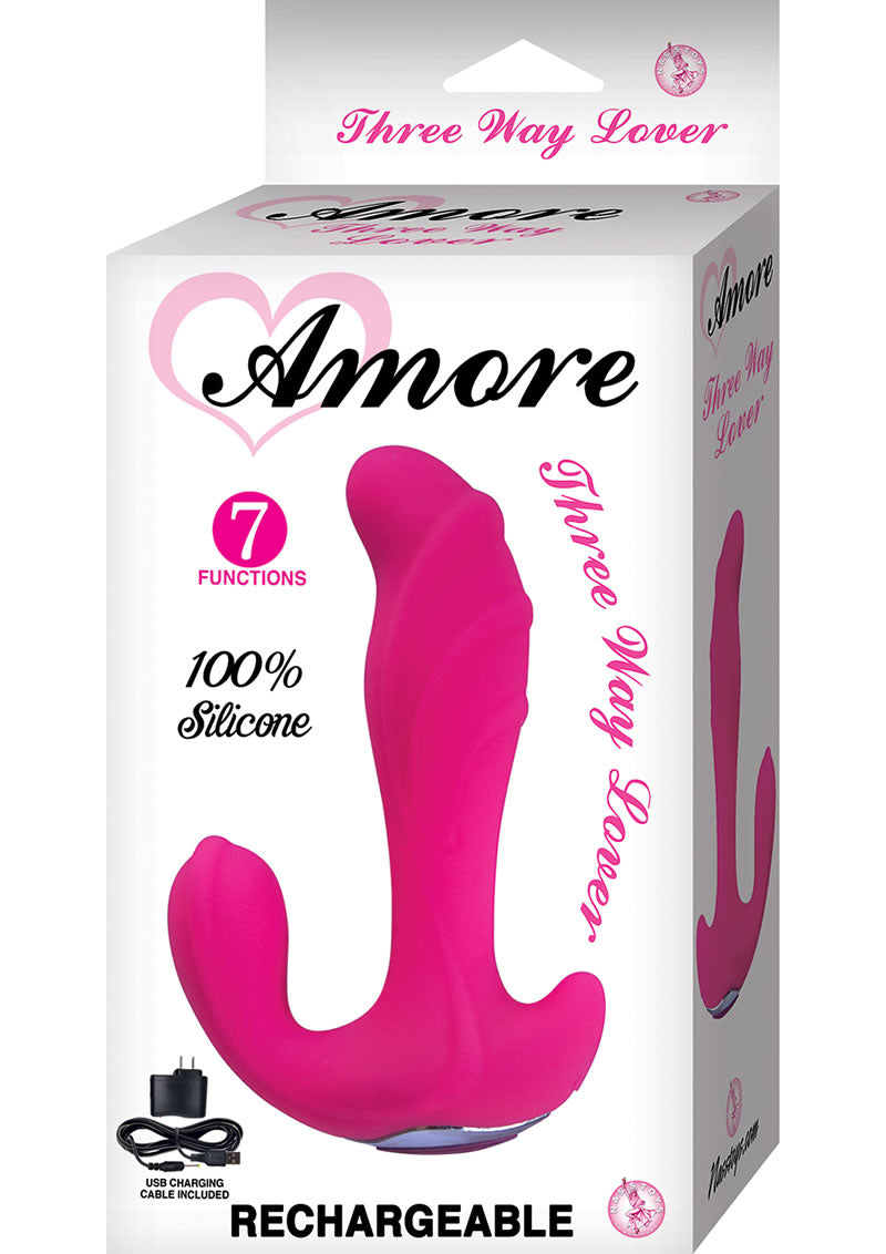 Amore Three Way Lover Silicone Rechargeable Vibe Waterproof Pink 5.9 Inch