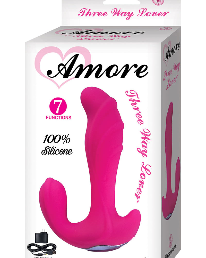 Amore Three Way Lover Vibrador de silicona recargable, resistente al agua, color rosa, 5,9 pulgadas