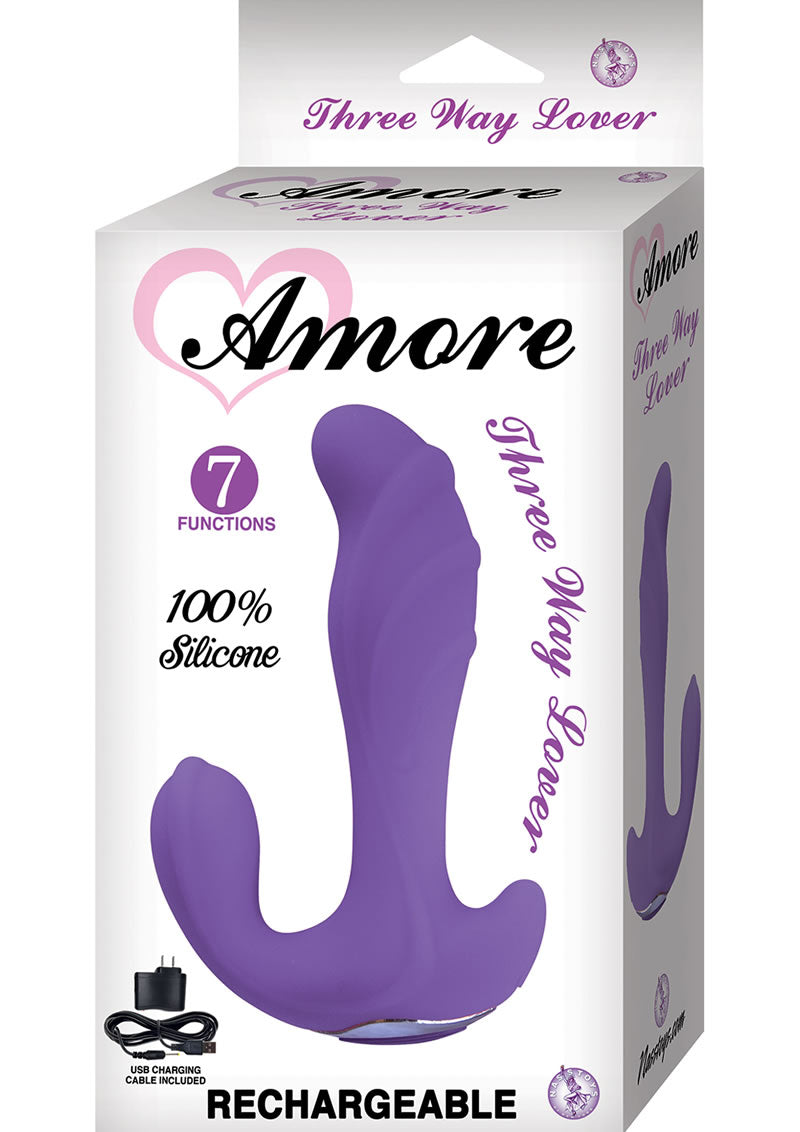 Amore Three Way Lover Silicone Rechargeable Vibe Waterproof Purple 5.9 Inch