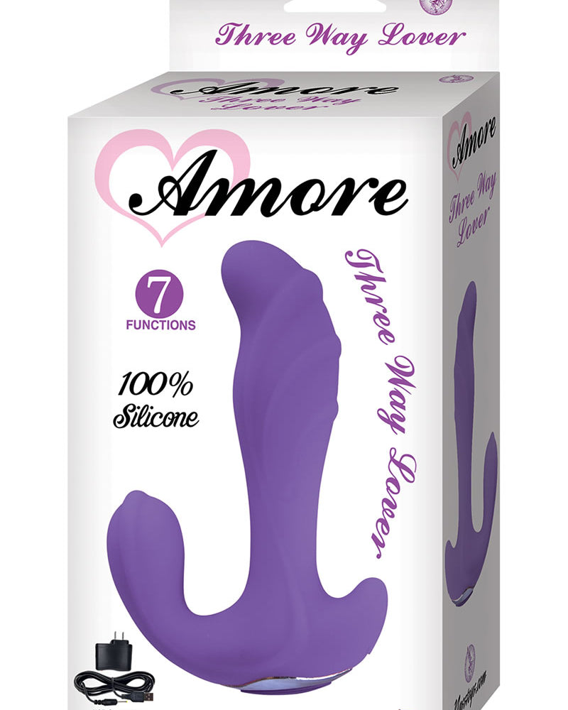 Amore Three Way Lover Vibrador de silicona recargable, resistente al agua, morado, 5,9 pulgadas
