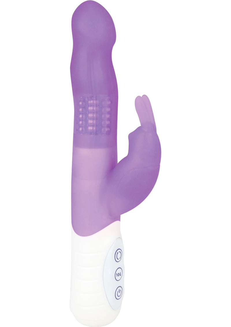 Vibrador de silicona Hustler Toys Slim Rabbit con cuentas giratorias, resistente al agua, morado