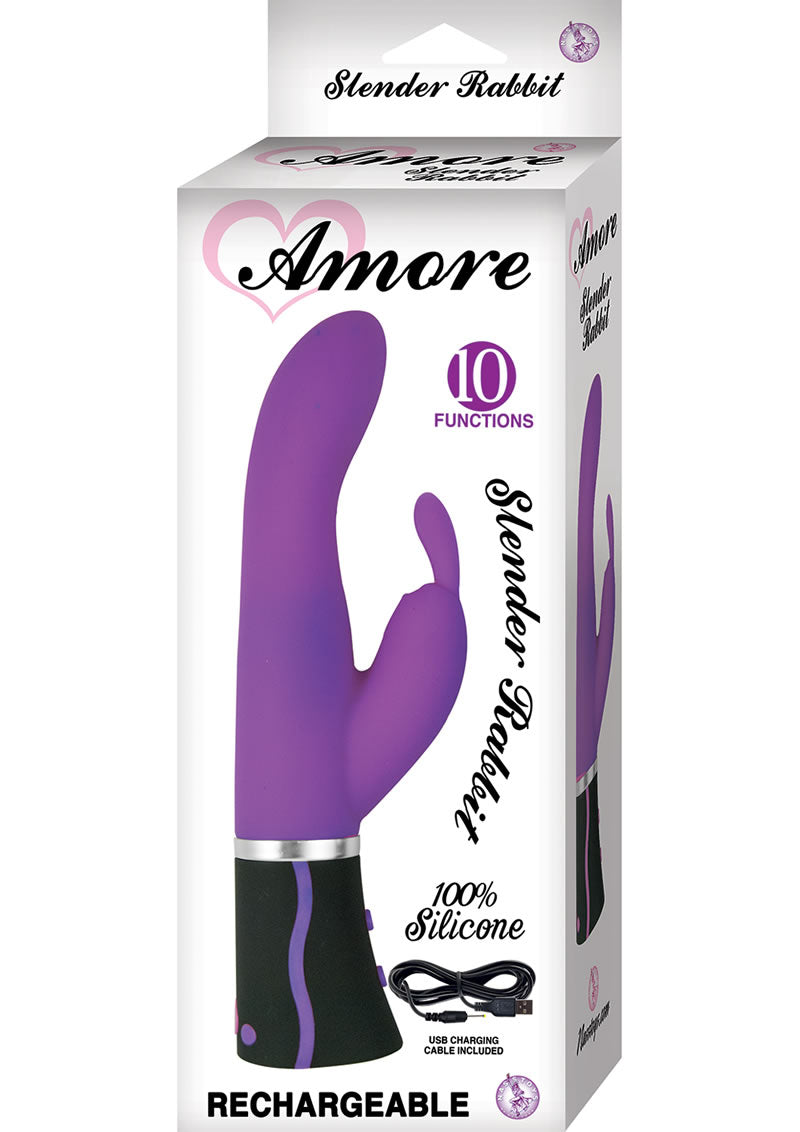 Amore 10 Function Silicone Slender Rabbit Rechargeable Waterproof Purple 8.5 Inch