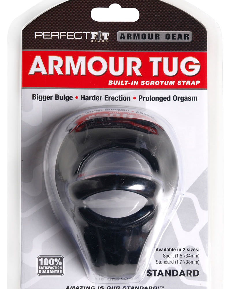Armadura de ajuste perfecto Armour Gear Armour Tug Cockring con correa para el escroto incorporada, color negro, tamaño estándar