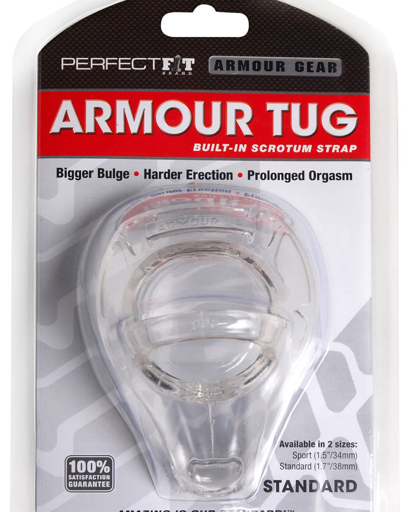 Armadura de ajuste perfecto Armour Gear Armour Tug Cockring con correa para el escroto incorporada, transparente, tamaño estándar