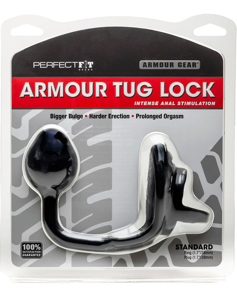 Anillo para el pene Armour Gear Armour Tug Lock con estimulación anal, color negro, tamaño estándar