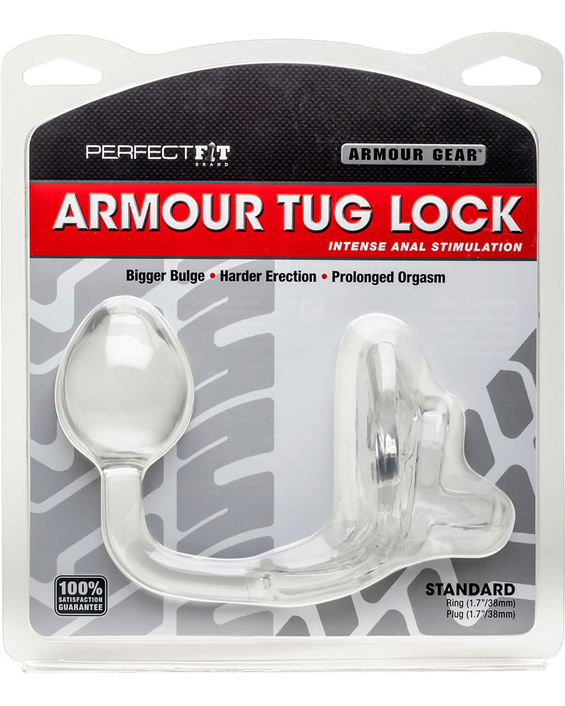 Anillo para el pene Perfect Fit Armour Gear Armour Tug Lock con estimulación anal, transparente, tamaño estándar