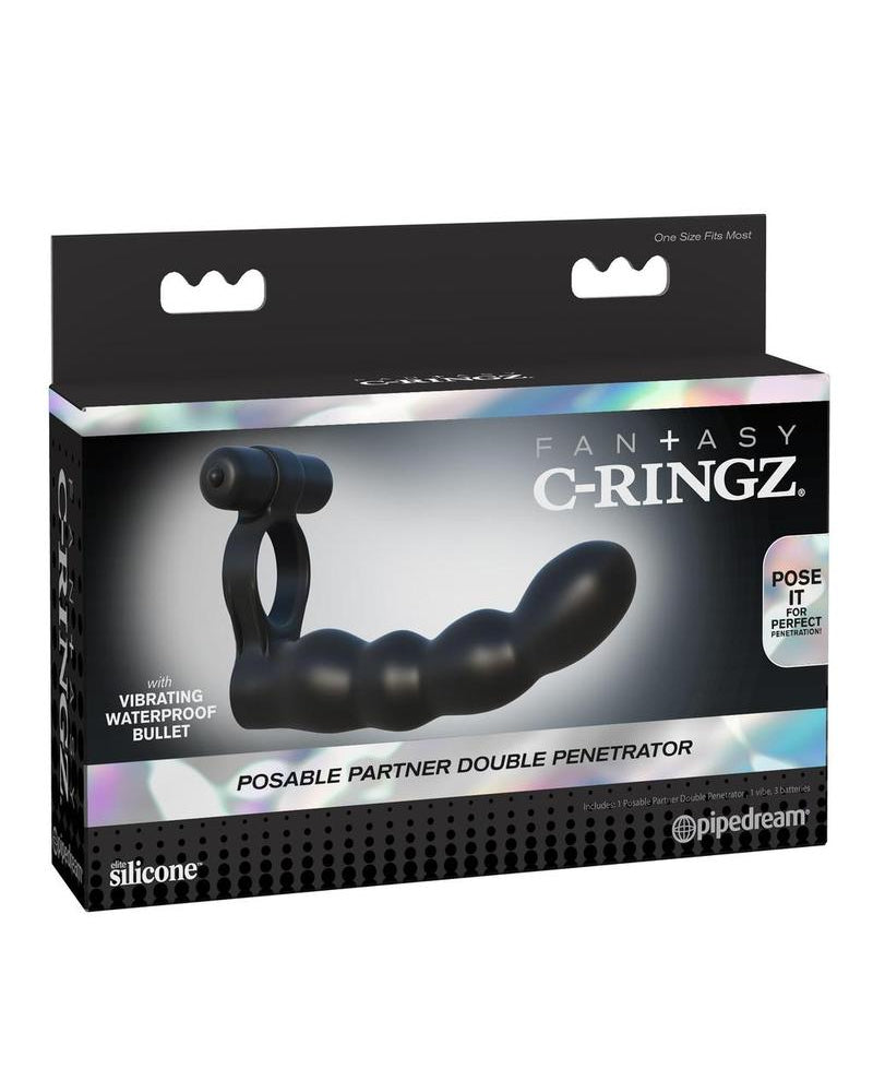 Fantasy C Ringz Posable Partner Silicone Double Penetrator Cockring Waterproof Black