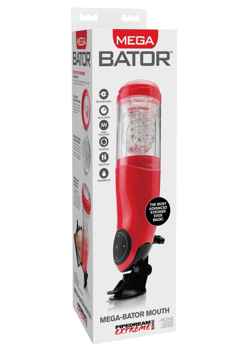 Masturbador recargable con boca Mega Bator de Pipedream Extreme, manos libres, resistente al agua, color rojo
