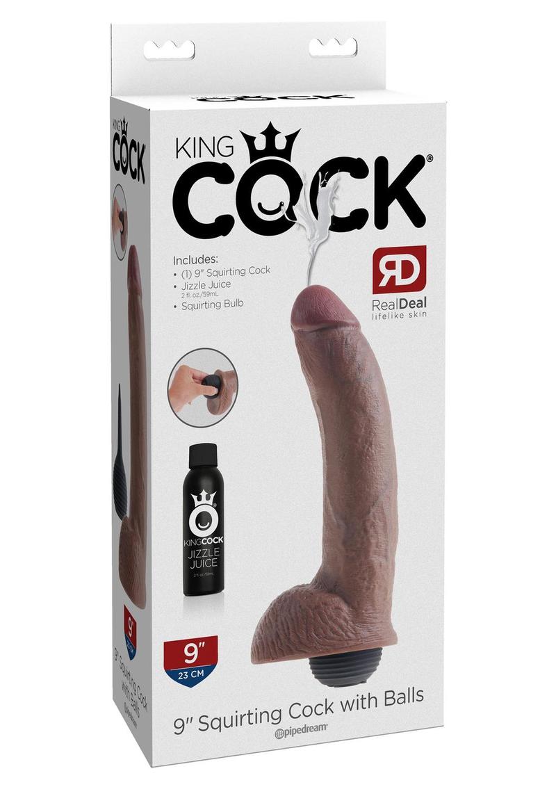 King Cock 9 Inch Squirtin Cock With Balls Brown