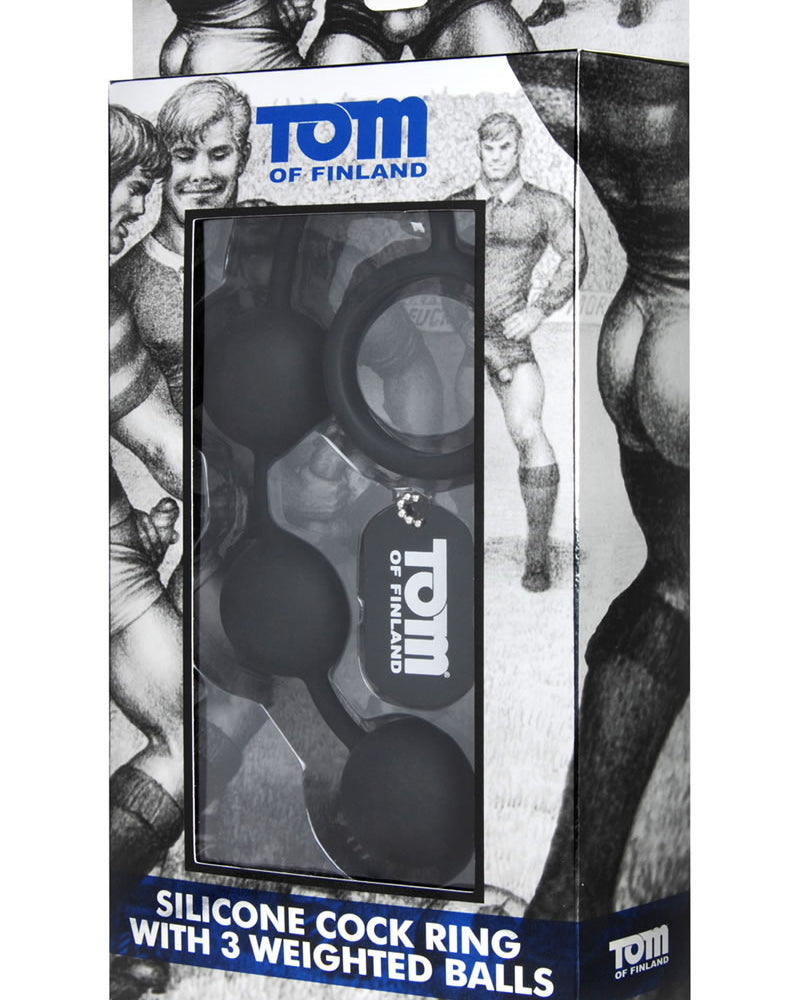 Tom Of Finland Silicone Cock Ring With 3 Weighted Anal Balls Black 12 Inch