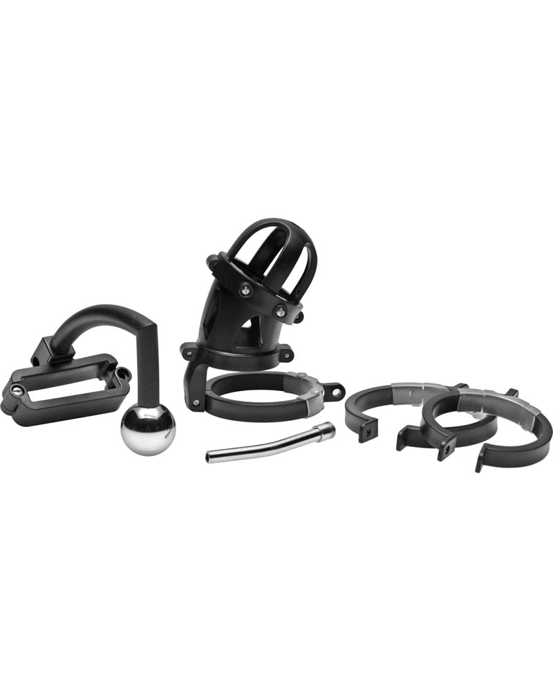 Master Series Oppressor Male Confinement Chastity Cage With Ball Clamp And Anal Hook Black