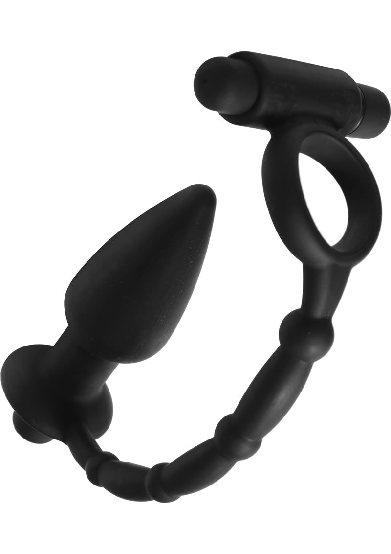 Anillo vibrador para pene y tapón anal de silicona doble Master Series Viaticus, color negro, 5 pulgadas