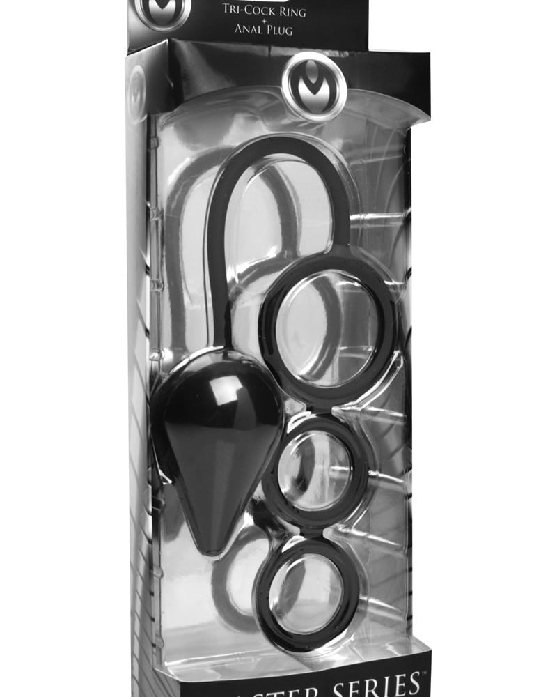 Tapón anal y anillo de silicona Master Series Triple Threat de 2,85 pulgadas, color negro