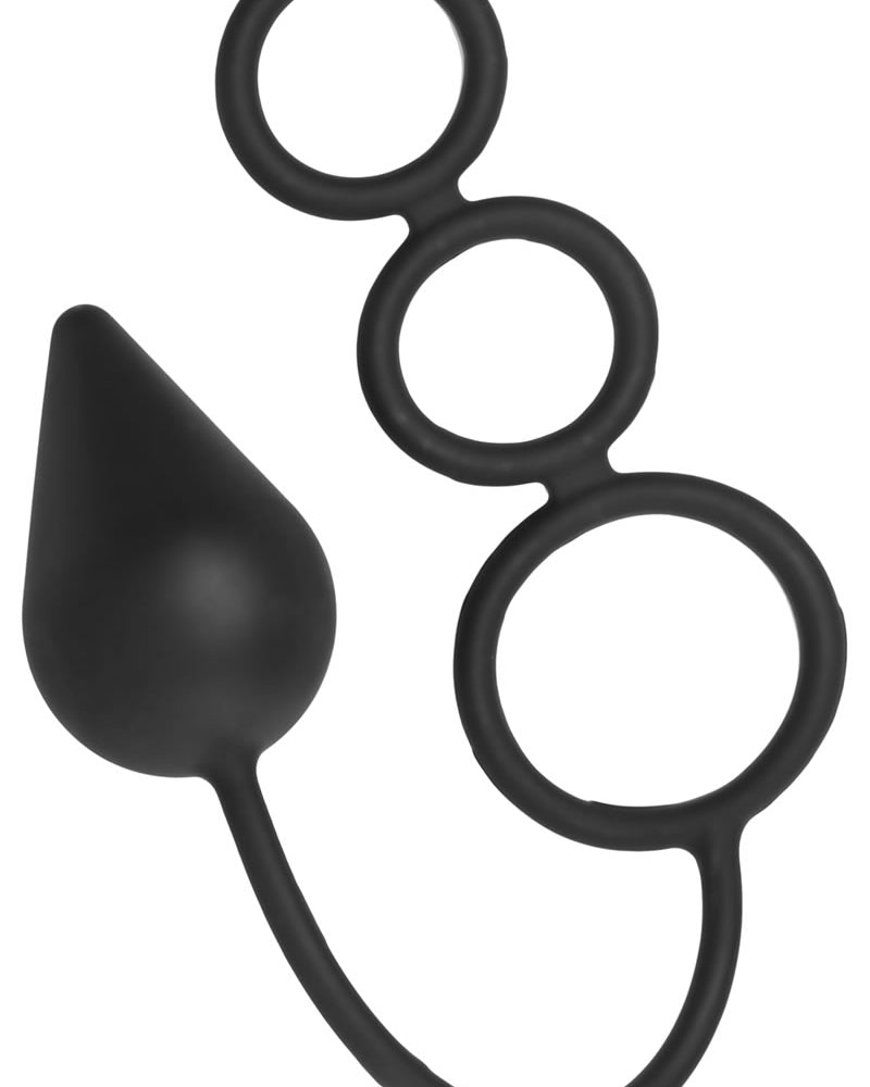 Tapón anal y anillo de silicona Master Series Triple Threat de 2,85 pulgadas, color negro