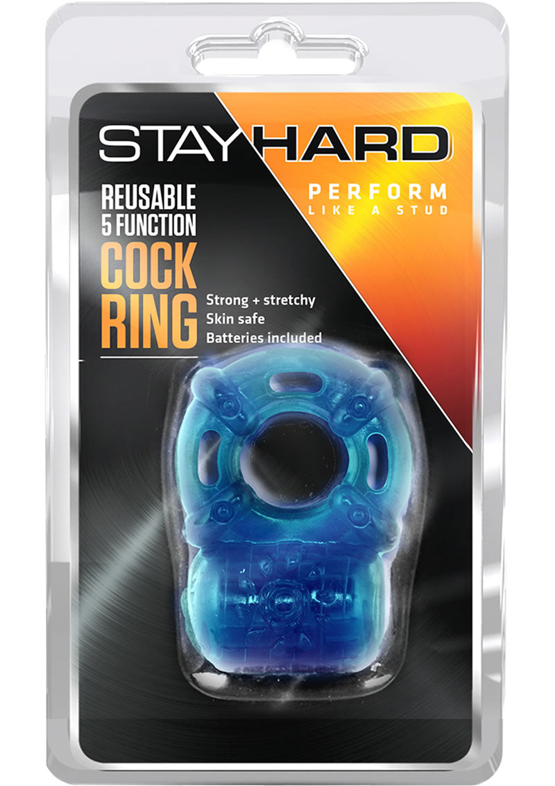 Anillo para el pene reutilizable de 5 funciones Stay Hard, color azul