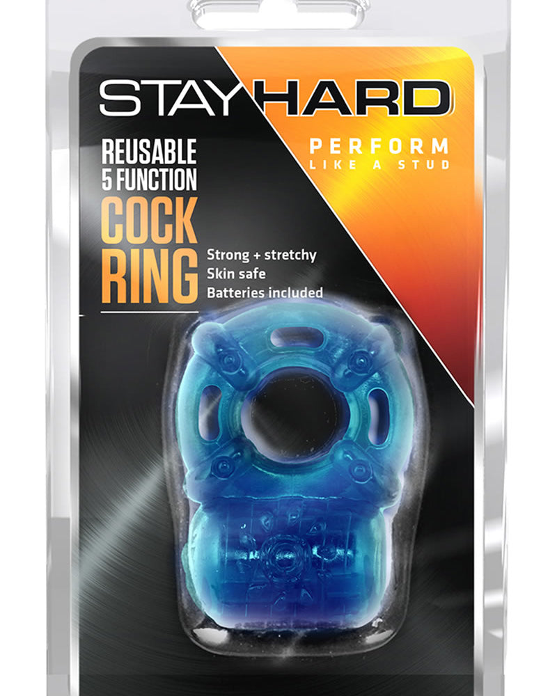 Anillo para el pene reutilizable de 5 funciones Stay Hard, color azul