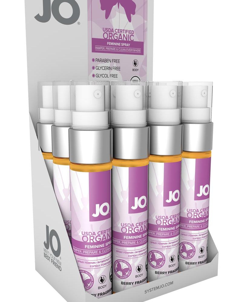 Spray femenino JO con certificación orgánica del USDA, refrescante, con sabor a frutos del bosque, 1 onza, 12 unidades por mostrador