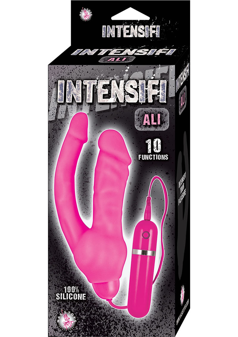 Intensifi Ali - Pene doble vibrador de silicona con 10 funciones, resistente al agua, color rosa