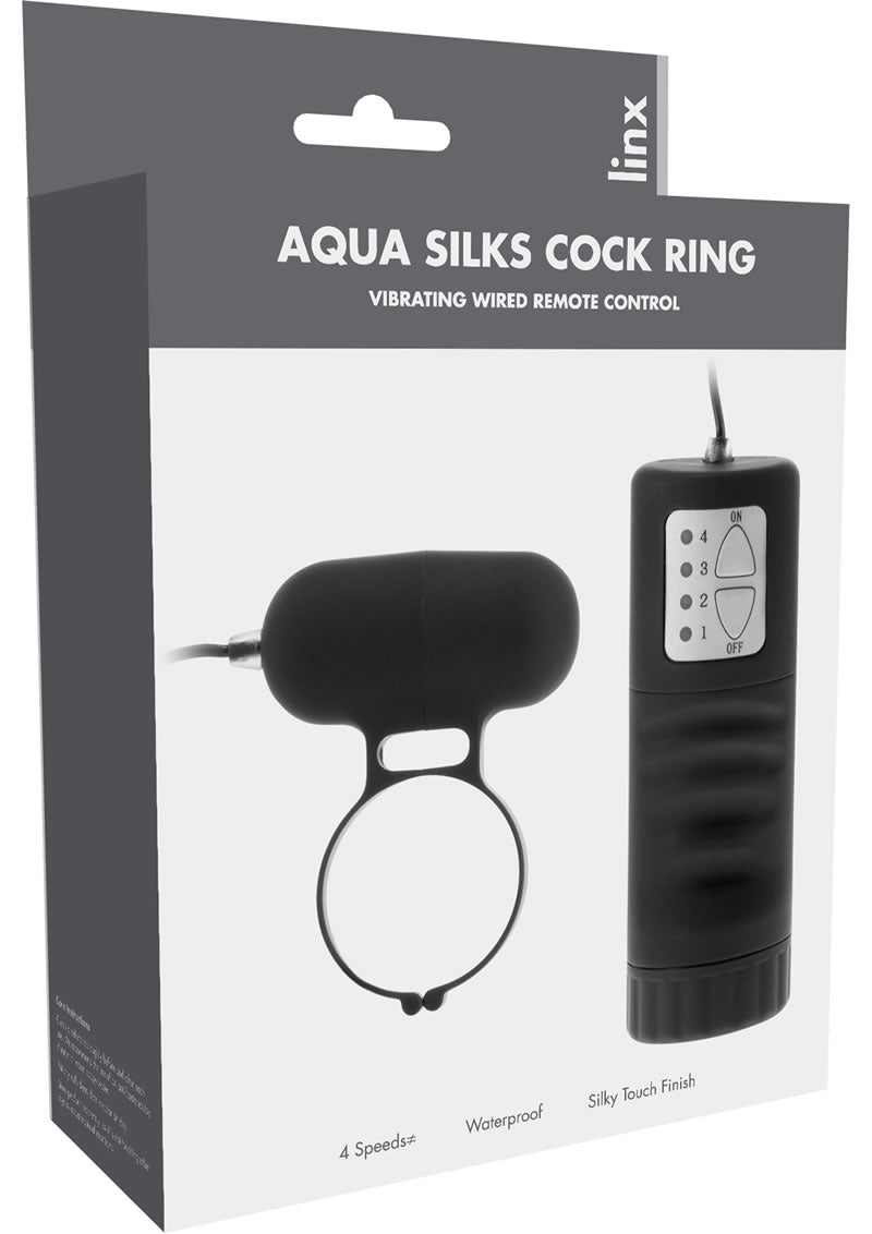 Anillo vibrador para el pene Linxs Aqua Silks con control remoto y cable, resistente al agua, color negro