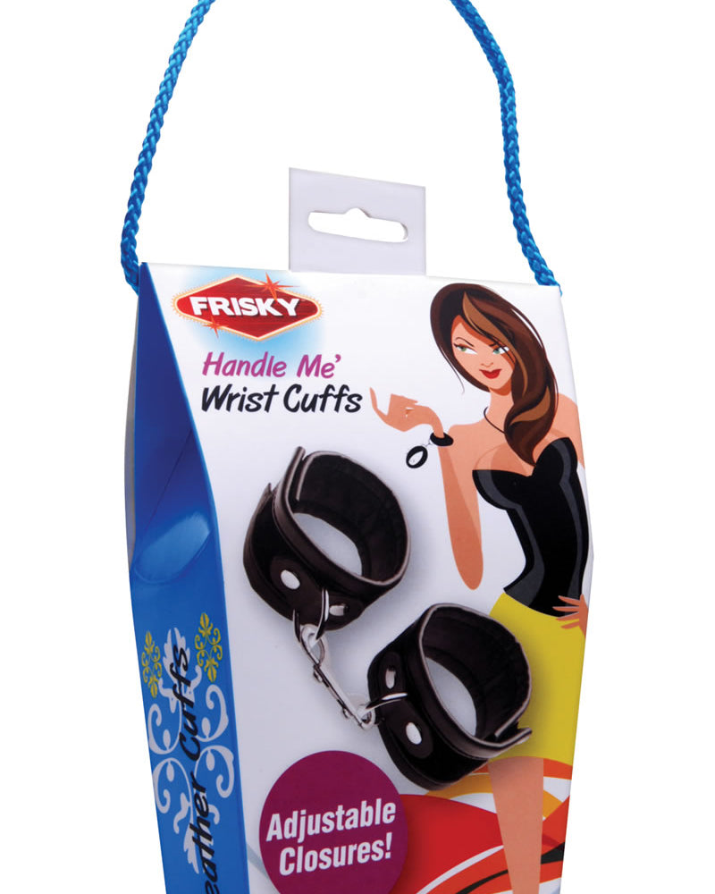 Esposas de muñeca Frisky con asa negra de piel sintética ajustables en color negro