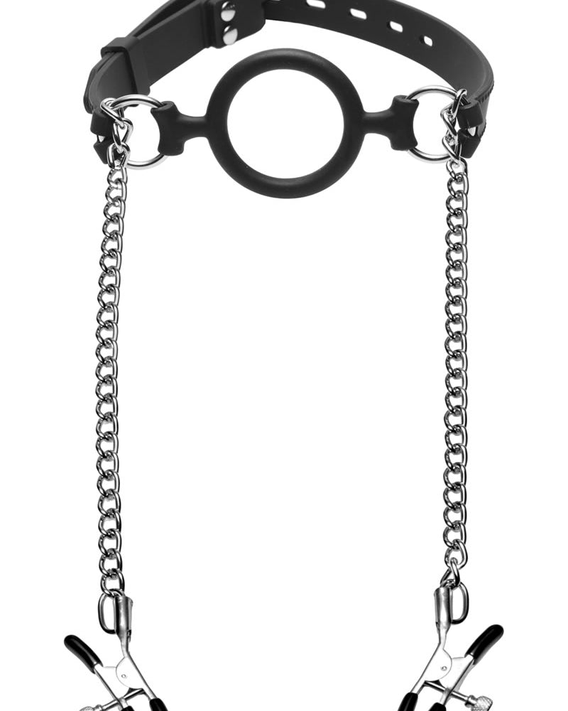 Master Series Mutiny Silicone O-gag With Nipple Clamps Black