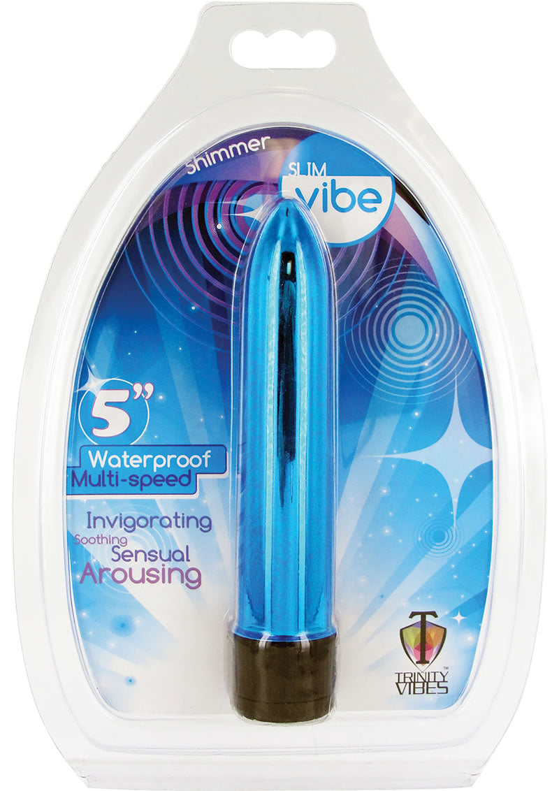 Vibrador delgado impermeable Trinity Vibes Shimmer azul de 5 pulgadas