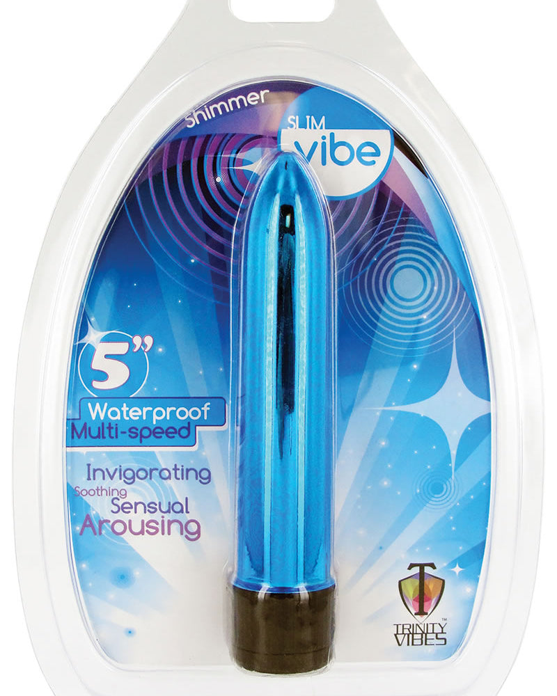 Vibrador delgado impermeable Trinity Vibes Shimmer azul de 5 pulgadas
