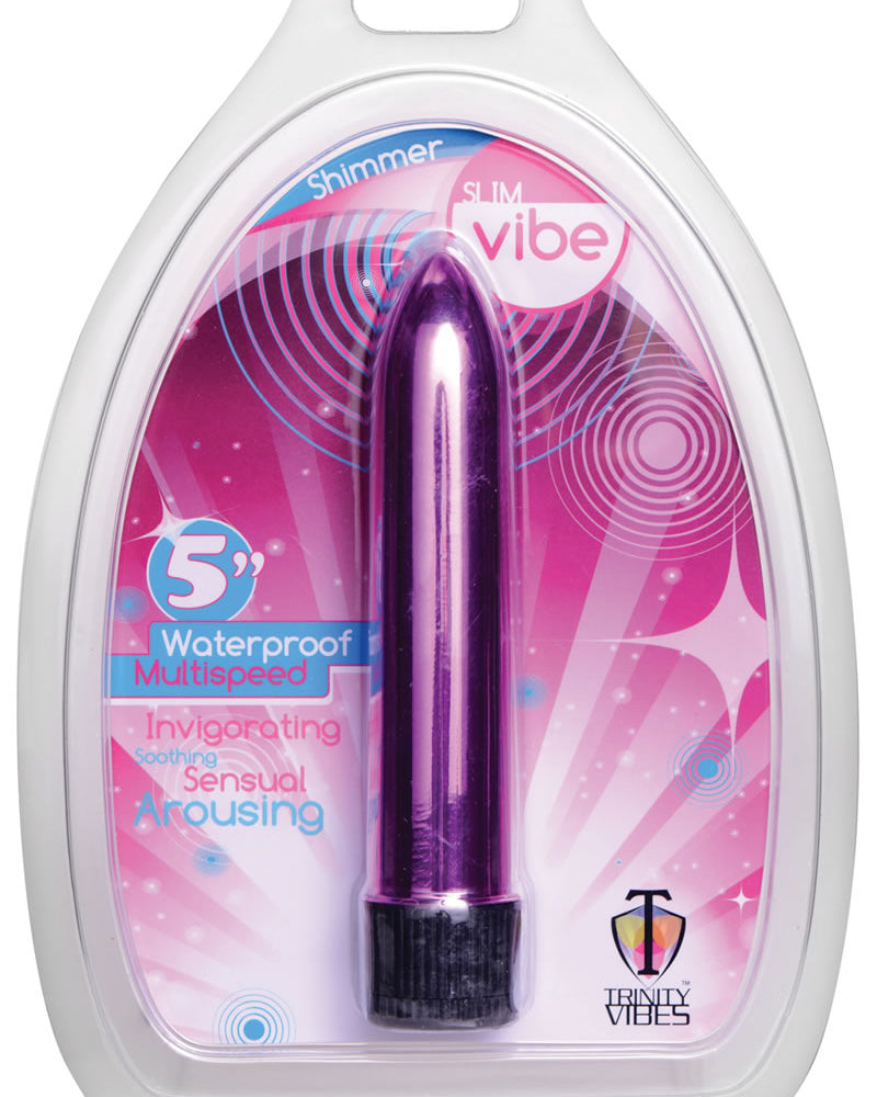 Vibrador delgado impermeable Trinity Vibes Shimmer de 5 pulgadas en color rosa