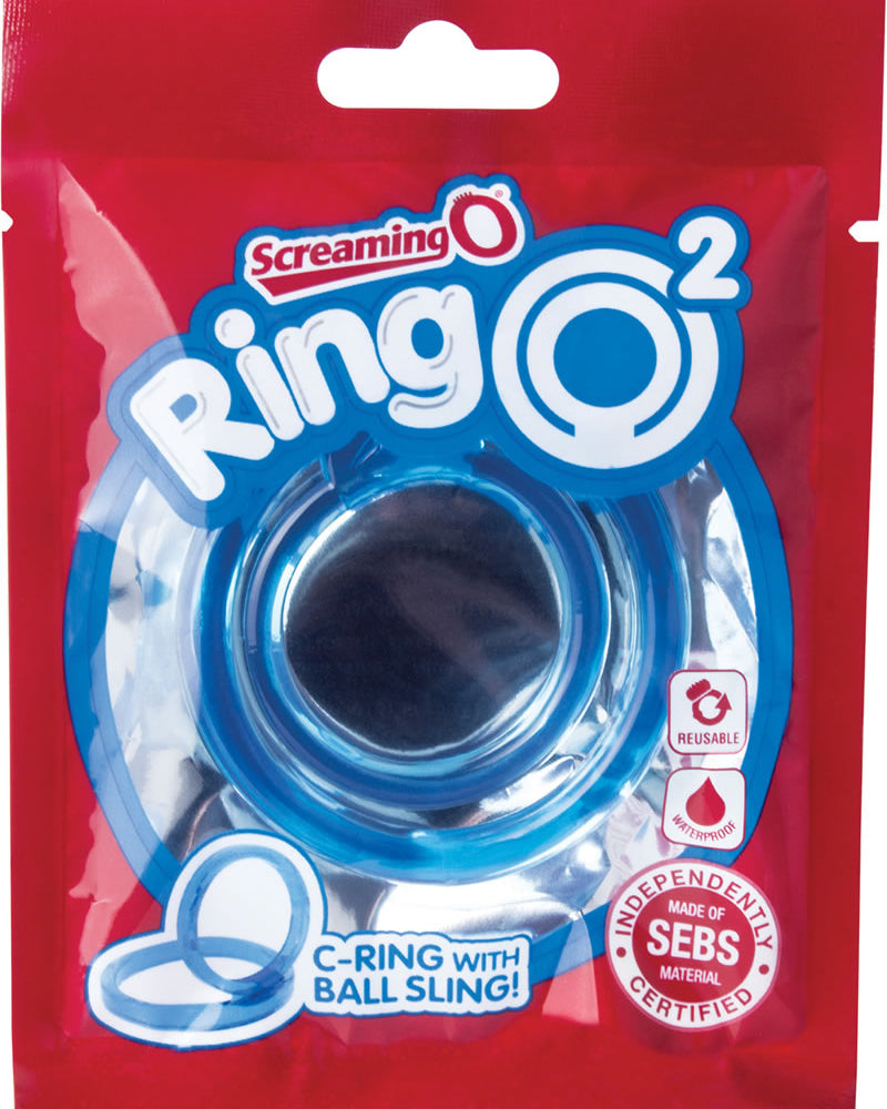 Anillo para el pene Ring O 2 con correa para testículos, resistente al agua, color azul, 12 unidades por caja