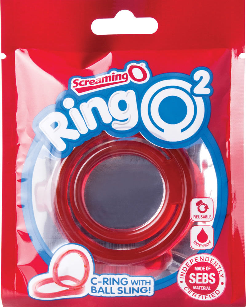 Anillo para el pene Ring O 2 con correa para testículos, resistente al agua, color rojo, 12 unidades por caja