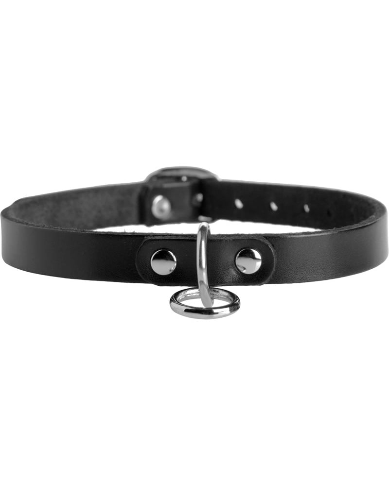 Collar Gargantilla Con Anilla En O Cuero Acero Negro Pequeño