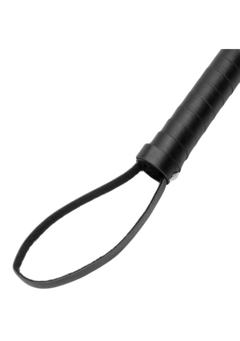 Flogger de mano vegano con cola de gato de cuero estricto, cuero sintético negro, 14,5 pulgadas