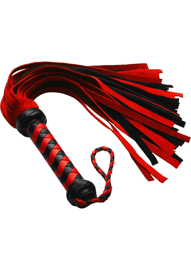 Flogger de cuero estricto corto de gamuza rojo y negro de 17,5 pulgadas