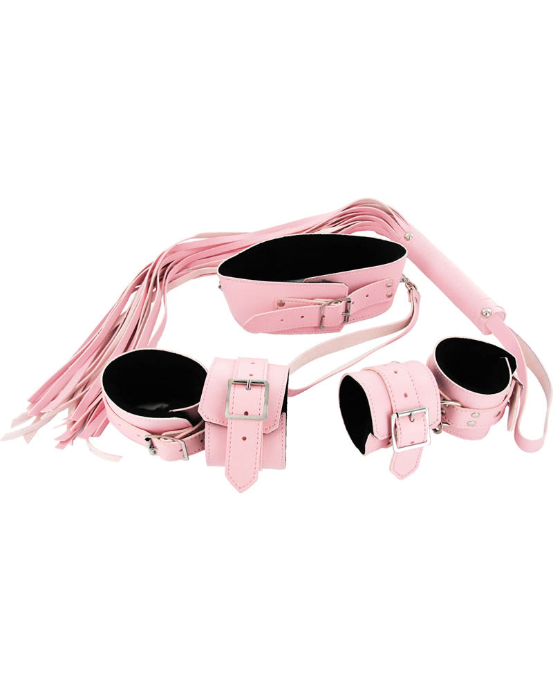 Conjunto de bondage de piel sintética y piel sintética en color rosa y negro