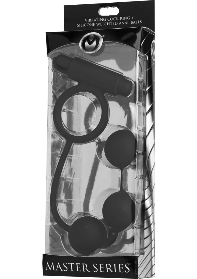 Anillo vibrador para el pene Master Series Tri Orb con bolas anales con peso de silicona, color negro, 6,25 pulgadas