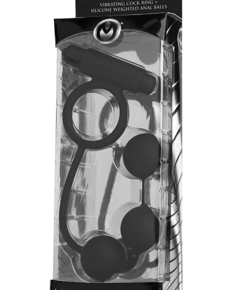 Master Series Tri Orb Vibrating Cock Ring Plus Silicone Weighted Anal Balls Black 6.25 Inch