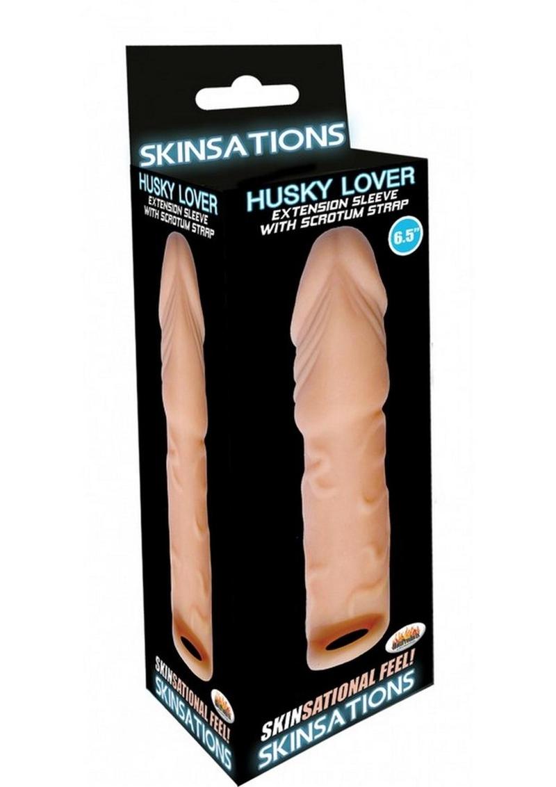 Funda de extensión para el pene Skinsations Husky Lover con correa para el escroto, color carne, 6,5 pulgadas