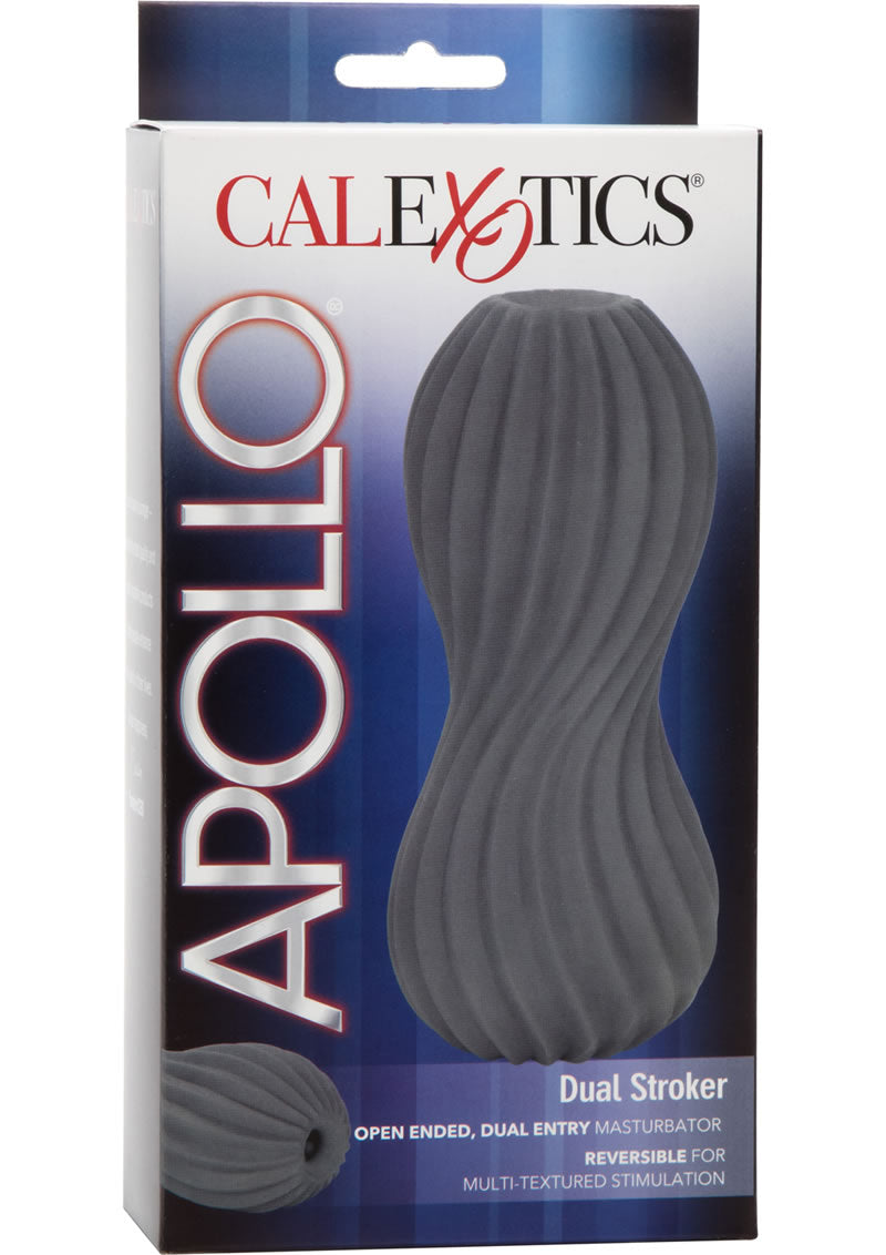Masturbador texturizado de doble entrada y extremo abierto Apollo Dual Stroker, color gris, 6,5 pulgadas