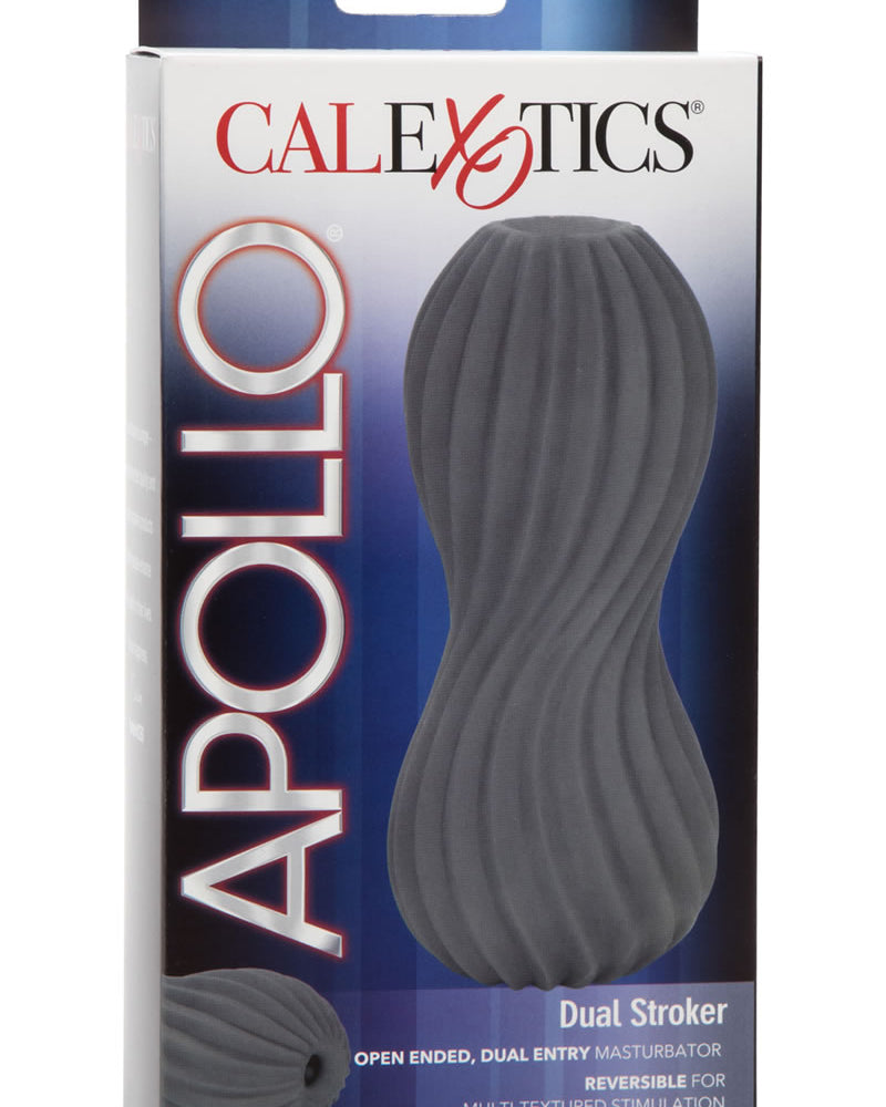 Masturbador texturizado de doble entrada y extremo abierto Apollo Dual Stroker, color gris, 6,5 pulgadas